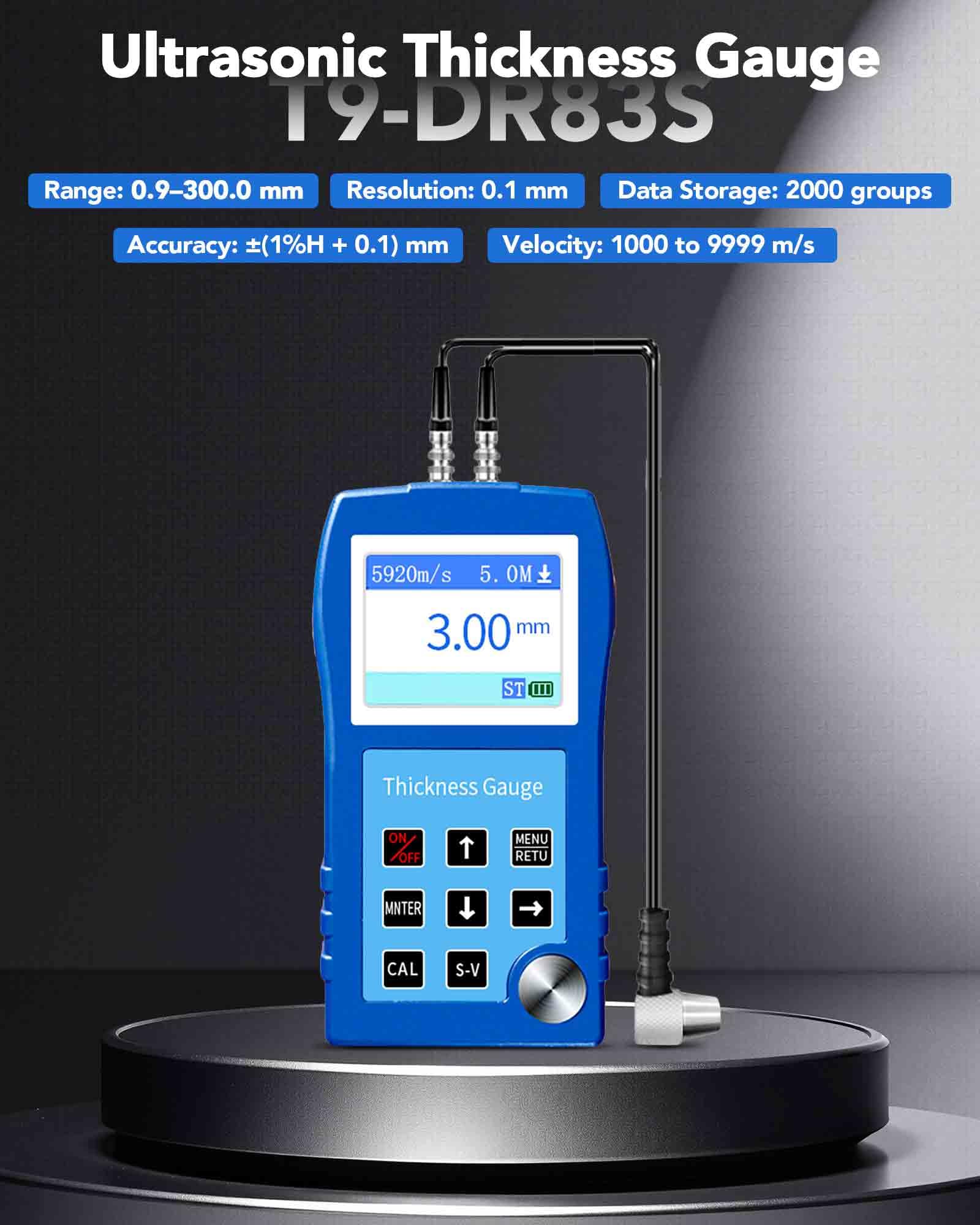 Ultraschall-Dickenmessgerät DR83S 0,9–300 mm, 2.3" Farbdisplay, Genauigkeit 0,1 mm, Thickness Gauge Meter für Metall/Kunststoff/Stahl/Glas, Datenspeicher für 2000 Gruppen, Kein Haftvermittler