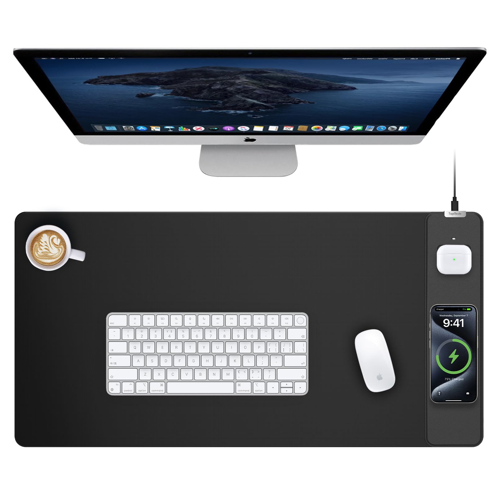 TopMade Mouse Pad with 15W Wireless Charging, Gaming Mousepad Home Office Large Desk Pad with Ultra-Smooth Surface, Non-Slip Base, Waterproof Keyboard