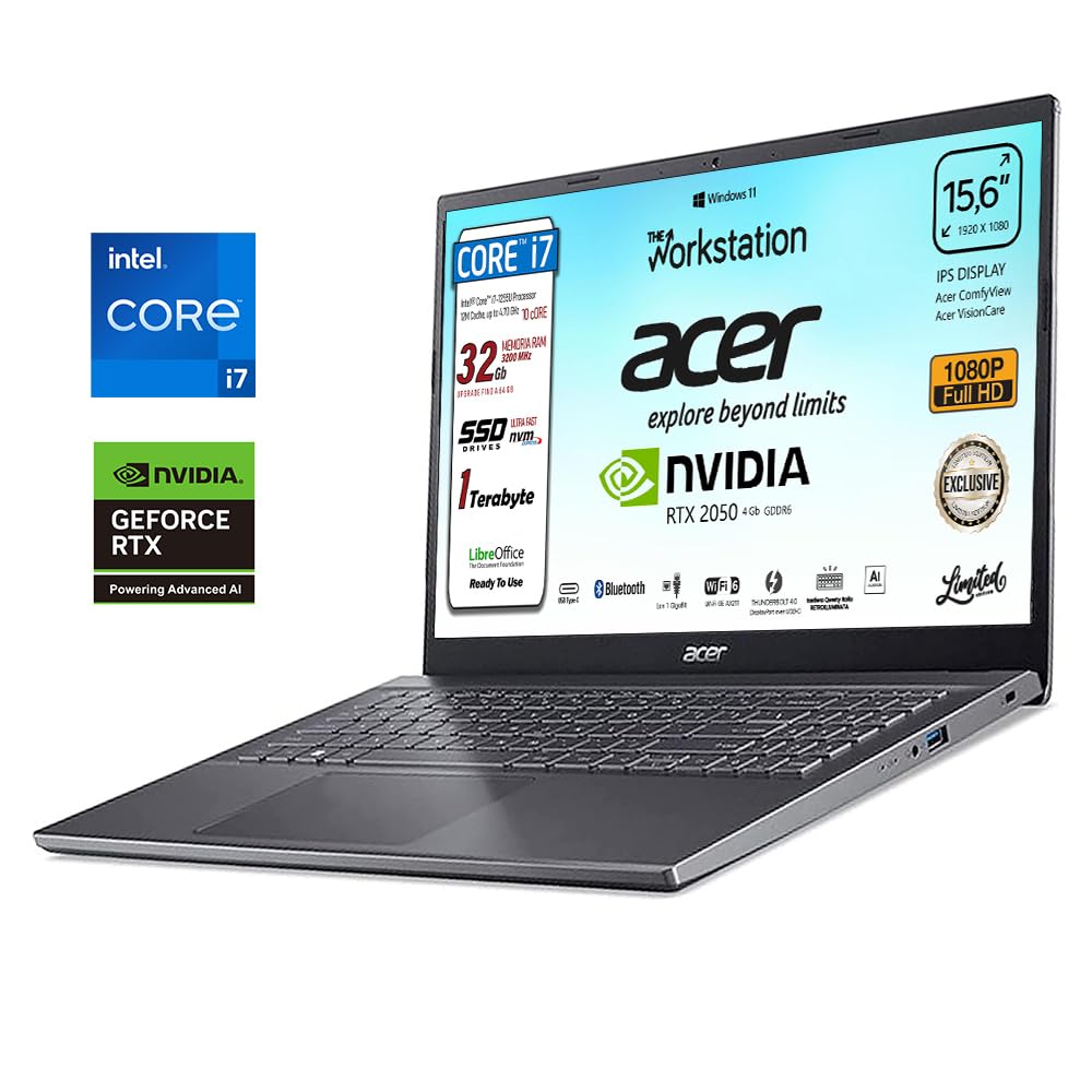Acer Notebook Intel i7-1255U 10 Core 32GB RAM SSD 1TB 15.6" Full HD | 4.7GHz, Nvidia Geforce RTX 2050, Tastiera retroilluminata, Wi-Fi 6, Win 11 pronto all'uso