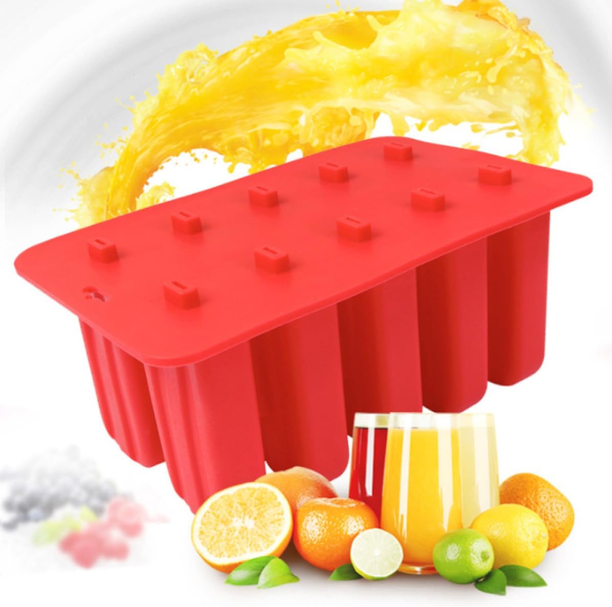 Red Silicone Ice Pop Mold with 10 Grids, Reusable Maker