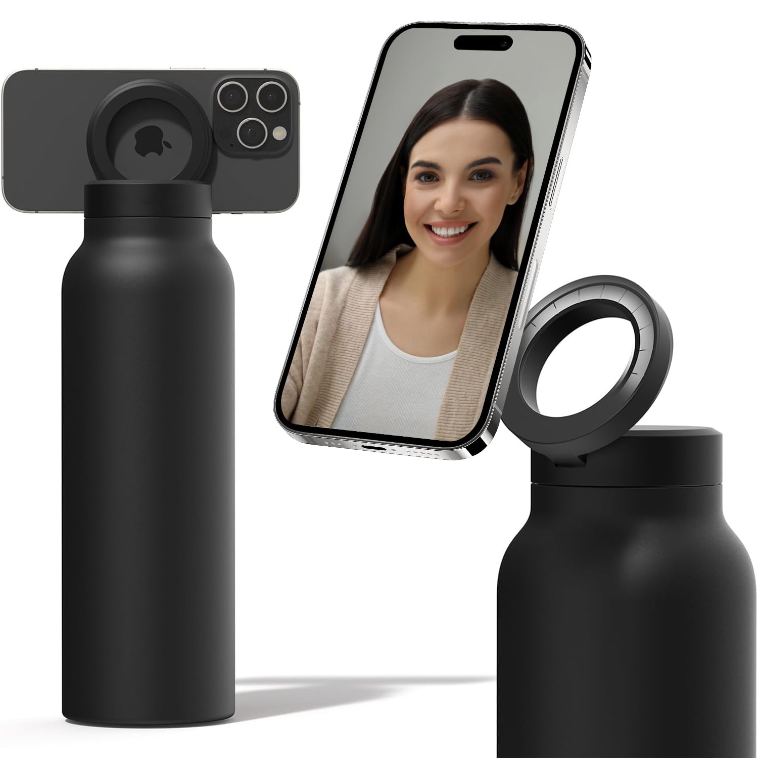 Stainless Steel Insulated Water Bottle with Integrated Magnetic Phone Stand - Black (24oz)
