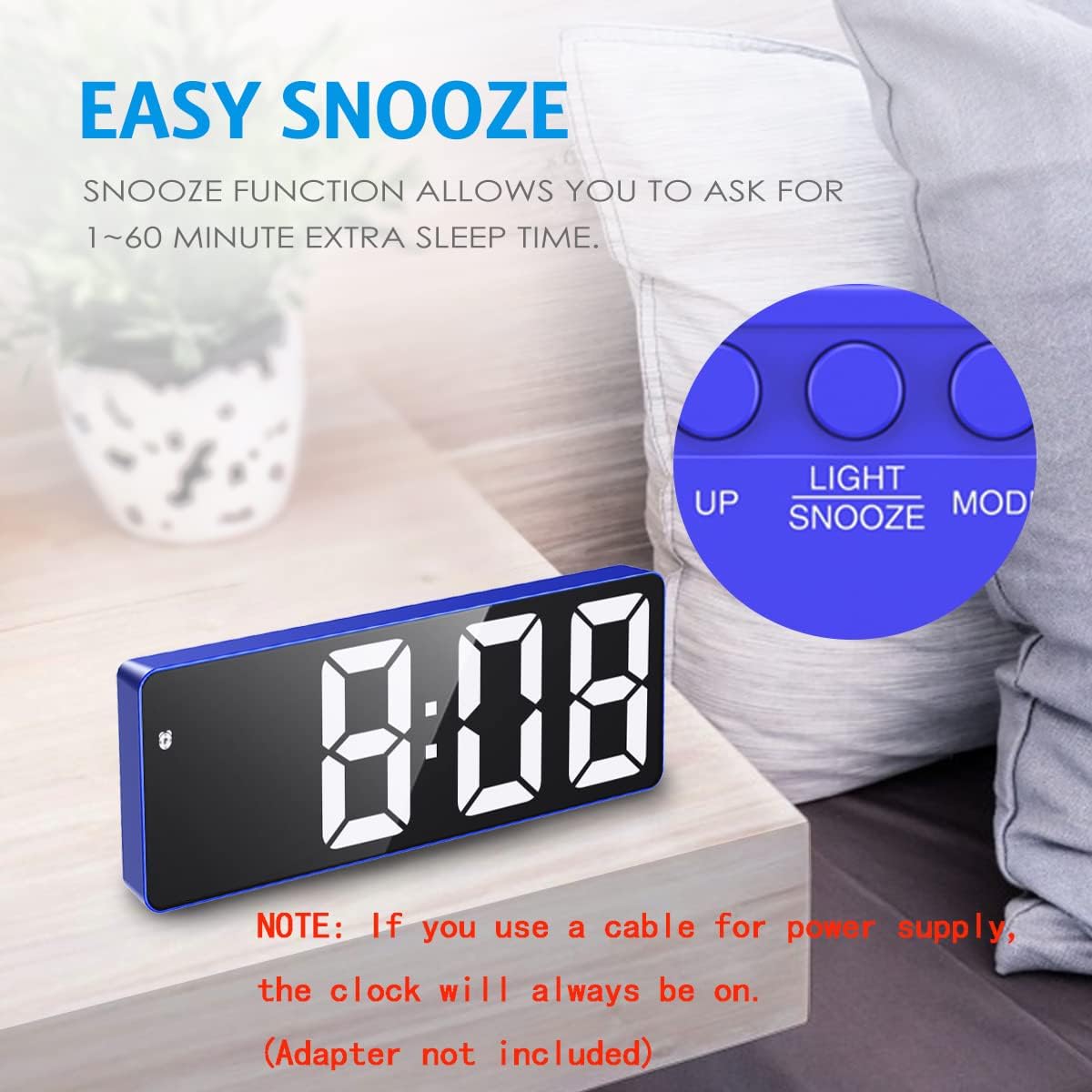 Close-up of the clock showing the SNOOZE button and text 'EASY SNOOZE'.