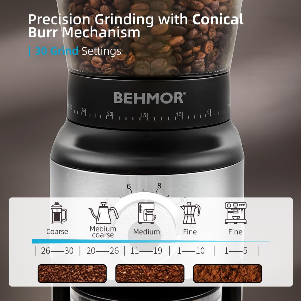 Coffee Grinder, Behmor Ideal Conical Burr Grinder, 30 Grind Settings, 2-12 Cup Capacity, 300g Bean Hopper, Low Noise, Auto Bean Closure
