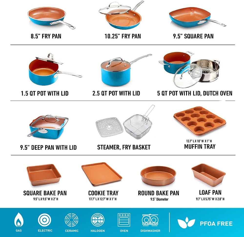 GOTHAM STEEL 20 Piece Copper Ceramic Nonstick Cookware & Bakeware Set, Complete Pots and Pans for Kitchen, PFOA PFOS Free, Dishwasher/Oven Safe, Metal Utensil Safe, Turquoise - Image 2