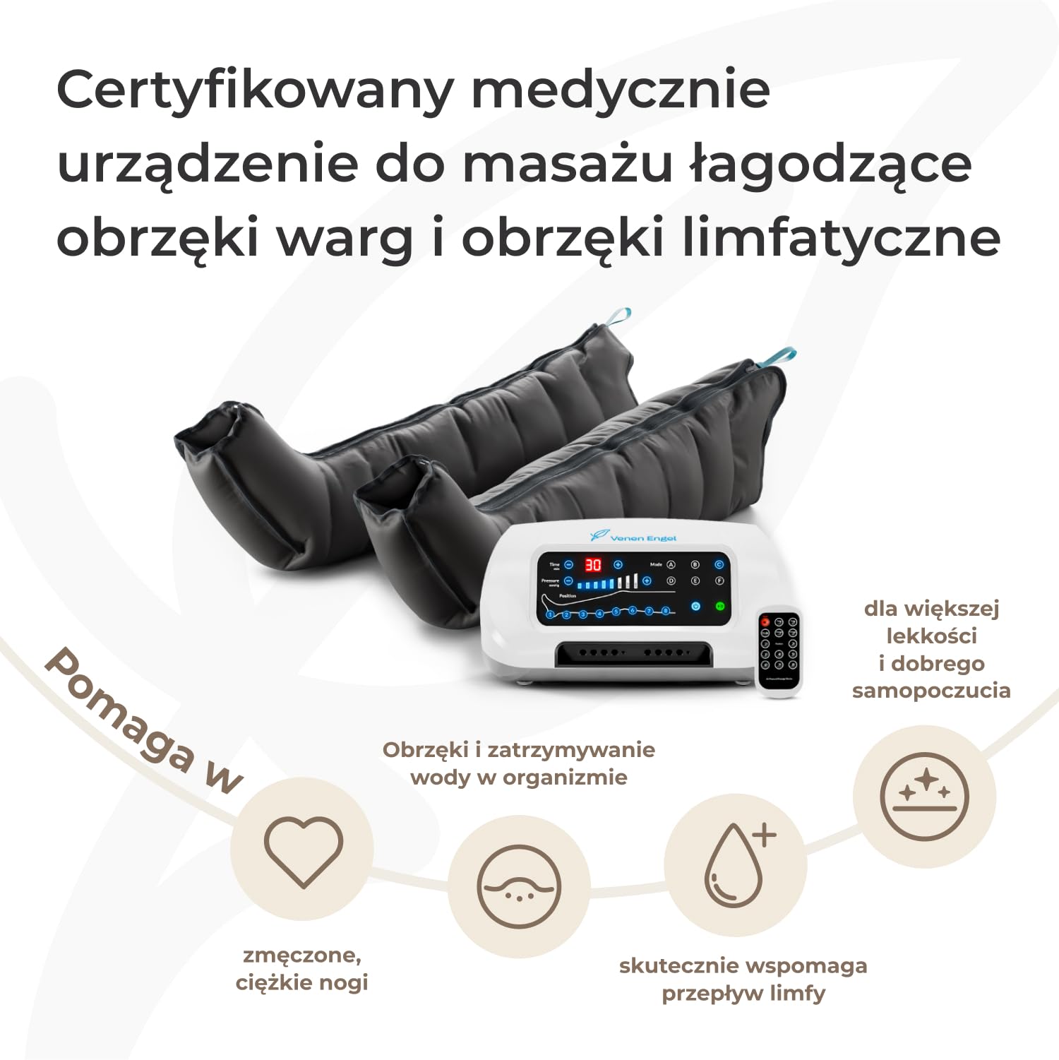 Venen Engel 8 Premium urządzenie do masażu nóg z mankietami, 8 komór powietrznych, 6 programów