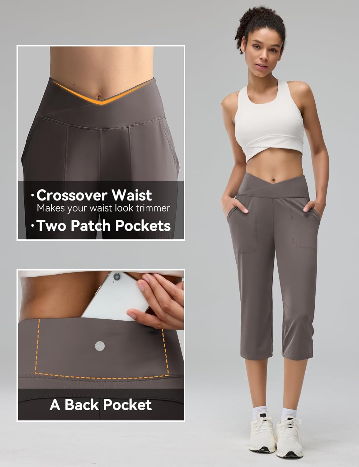 Women's Capri Pants for Casual Summer Petite Capris with Pocket Loose Fit High Waisted Straight Cropped Pants Dressy Lounge Yoga Dusty Khaki Grey XL - Image 5