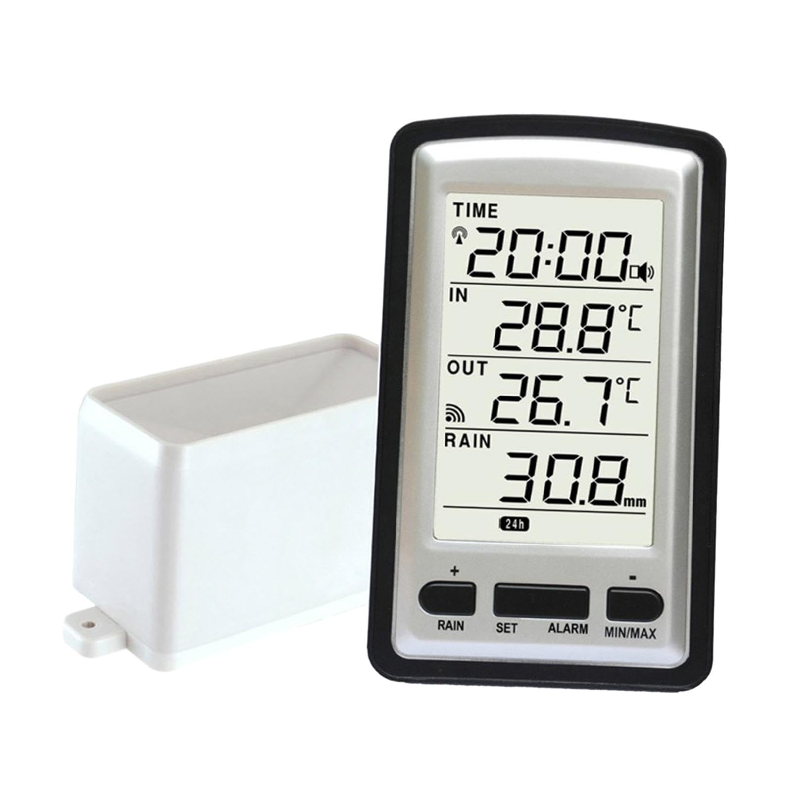 Regenmesser Kabelloser Regenmesser mit Niederschlagsmessung Digitalem Display Temperaturanzeige Uhr Wetterfest aus für Garten Balkon