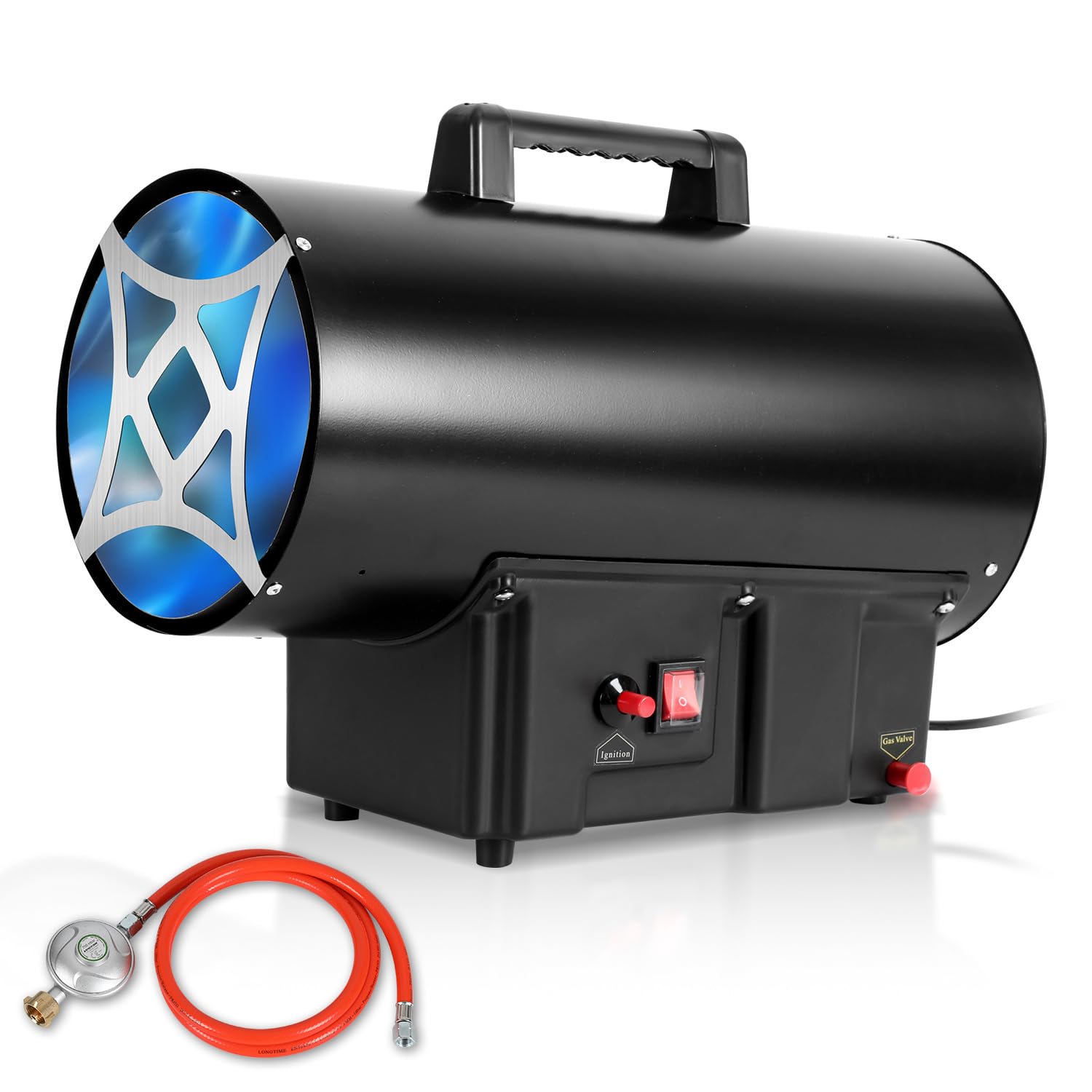 Calefactor de gas de 30 kW con manguera de conexión y regulador de presión de gas de 700 mbar, superficie efectiva: 450 m², para obras, almacenes ventilados, garajes, etc
