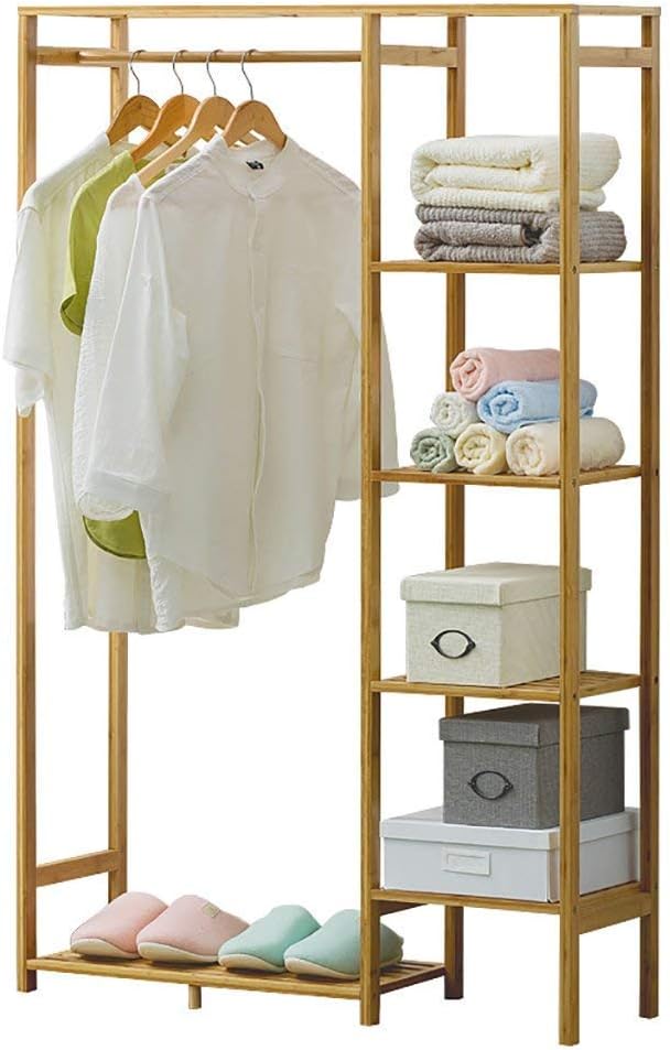 Coat Rack WoodenMultipurpose Clothes Coat Stand Shoes Rack/Floor Standing Coat Rack Clothes Hat Stand Hanger 6 Layers Shelf Bamboo Pole Size:90 30 145CM Coat Rack