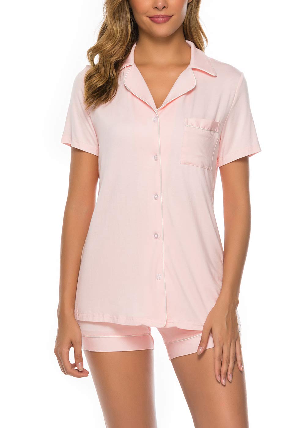 Aamikast Button Up Pajama Set for Women Shorts Short Sleeve Knit Sleepwear 2 Pice Pjs Sets
