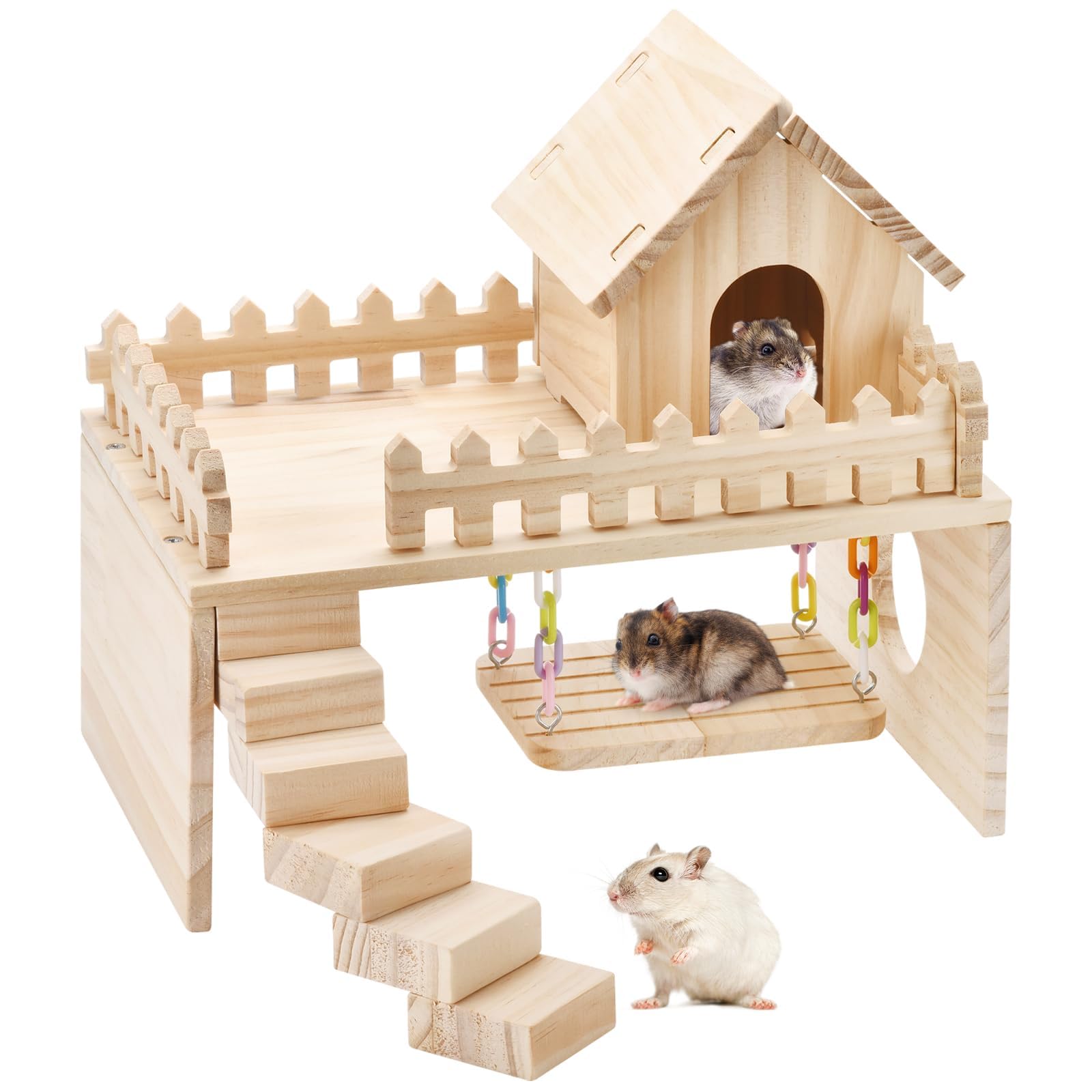 Hamster Wooden Platform Hamster Cage Accessories Golden Bear Dwarf Hamster Toy, Small Pet Cage Landscape Accessories with Staircase Fence, Suitable for Small Pets such as Sandrats and Mice