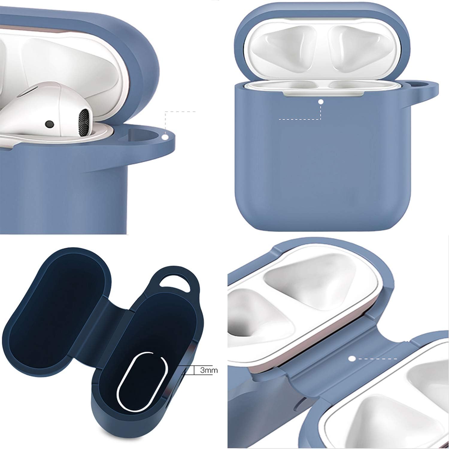 Airpods Case, Music tracker Protective Thicken Airpods Cover Soft Silicone Chargeable Headphone Case with Anti-Lost Carabiner for Apple Airpods 1&2 Charging Case (Greyish Blue)