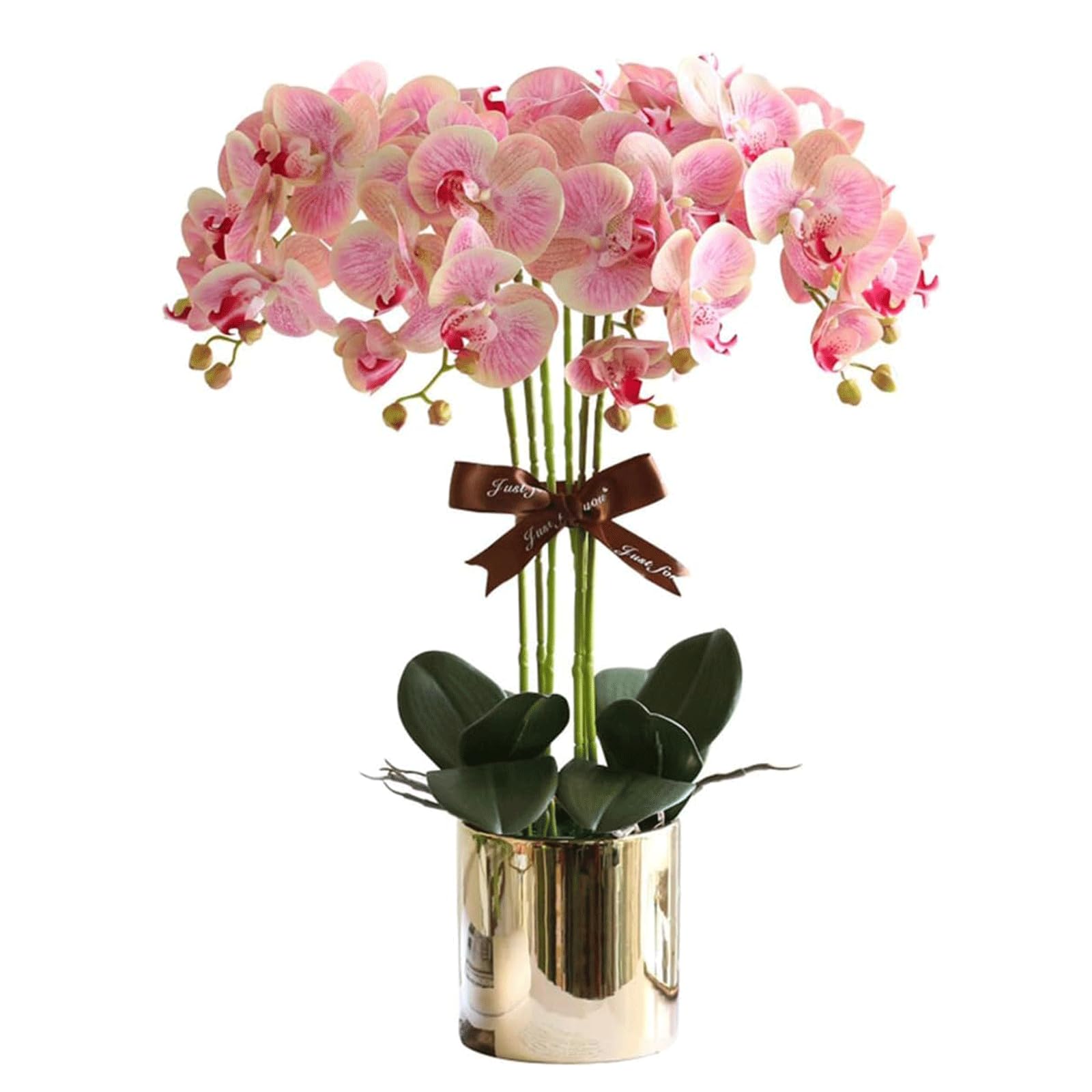 DFGHNBVC Artificial Orchid Artificial Flower With Golden Flower Pot Faux Orchids Pu Artificial Phalaenopsis Flowers 12 Branches Artificial Orchid Very Natural.Pink
