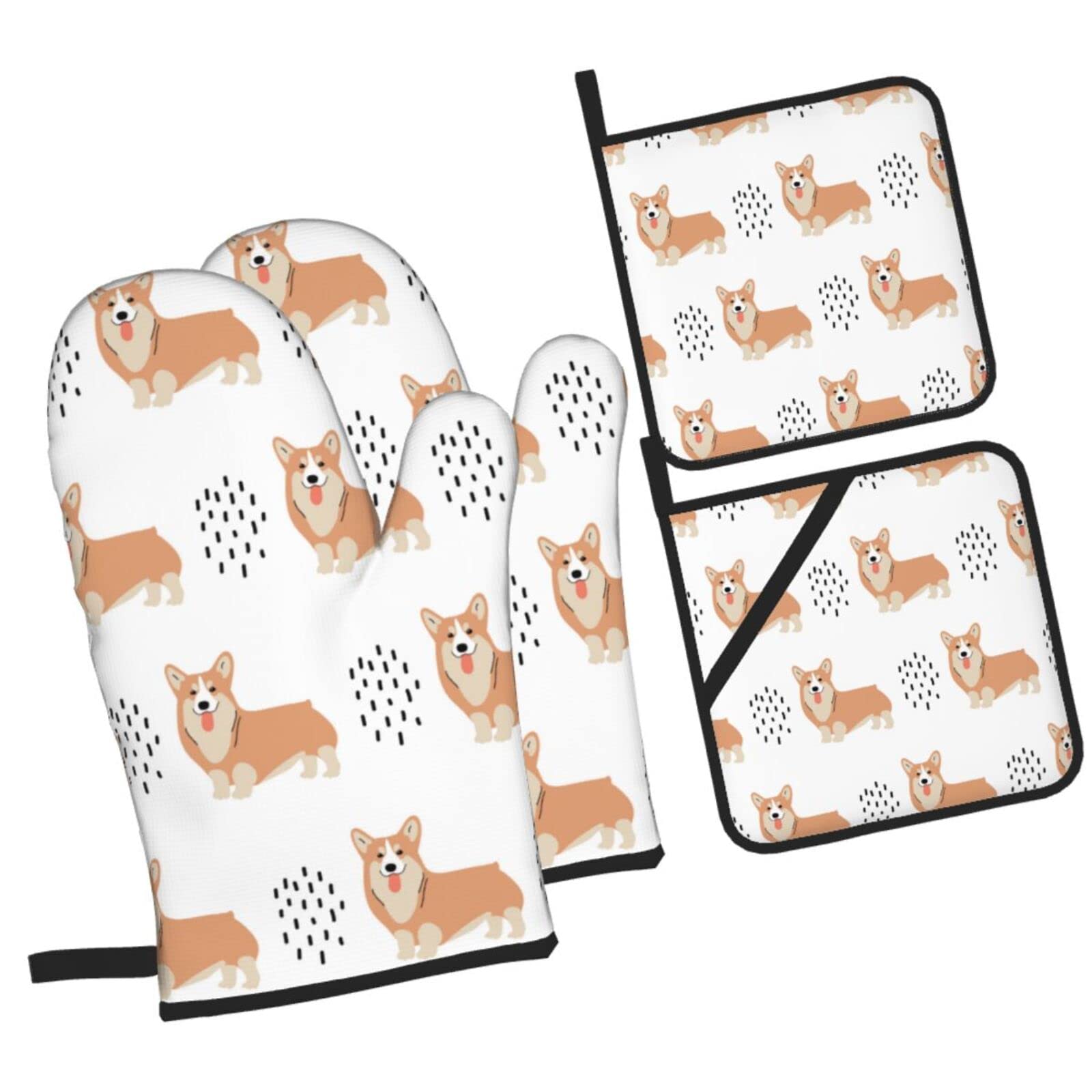 Corgi and White Background Oven Mitts and Pot Holders Sets, Christmas Oven Mitt Kitchen Heat Resistant Non-Slip Pot Holders Set for Cooking Baking BBQ