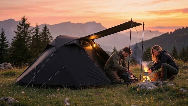 Camping Tent for 1-2 People PU5000mm Waterproof Rating 20D Silicone-Coated Nylon Outer Shell Ultralight Backpacking Tent (Black) : Sports & Outdoors
