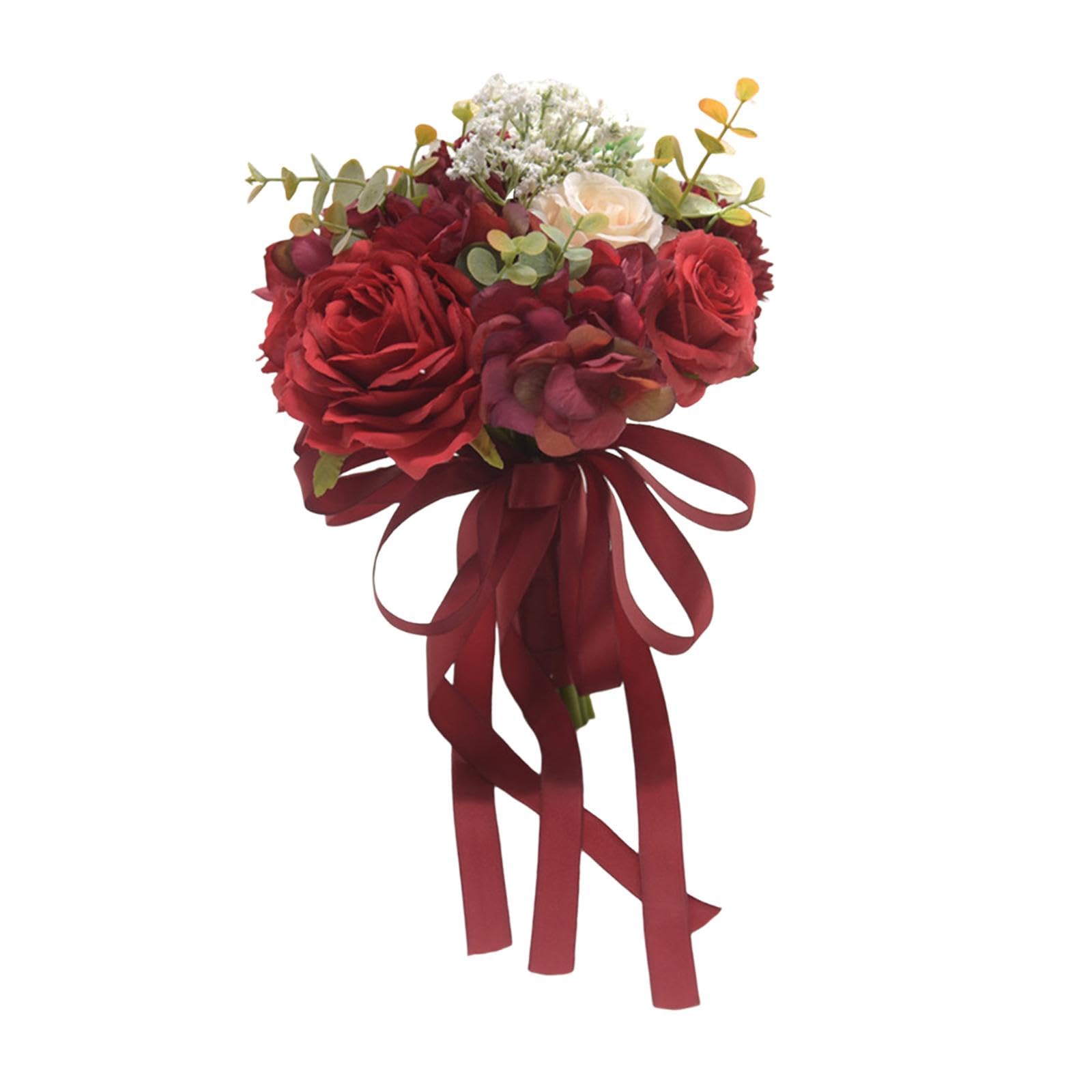 HIFRQVVC Wedding bouquets with handles, Wedding Bouquet Flower Arrangement Holding Bridal for Photo Props, Red