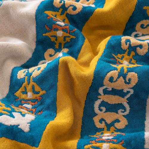 Image of Full 100% Cotton Muslin Boho Blanket for Adults All Seasons 6-Layer Gauze | Reversible Lightweight Breathable Cotton Muslin Throw, Ideal for Sofa Couch Bed, All Seasons, Tapestry, Outdoor Used