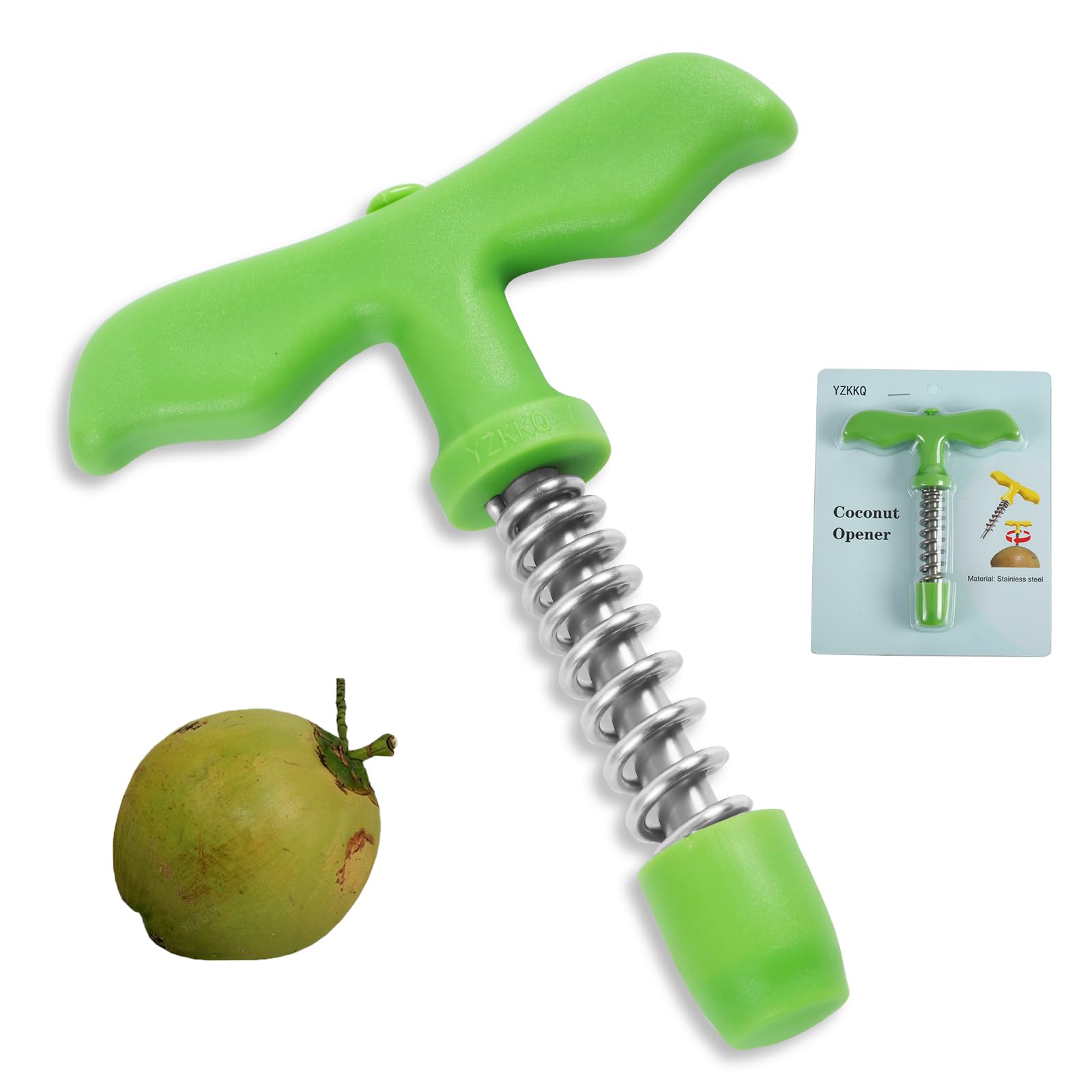 Coconut Opener Tool For Young Fresh Thai Hawaii Coco Water Juice, Reusable Straws and Brush, Food Grade Stainless Steel Rotating Spring Pressure, Safe and Convenient Straw Hole Maker FCM1Pack