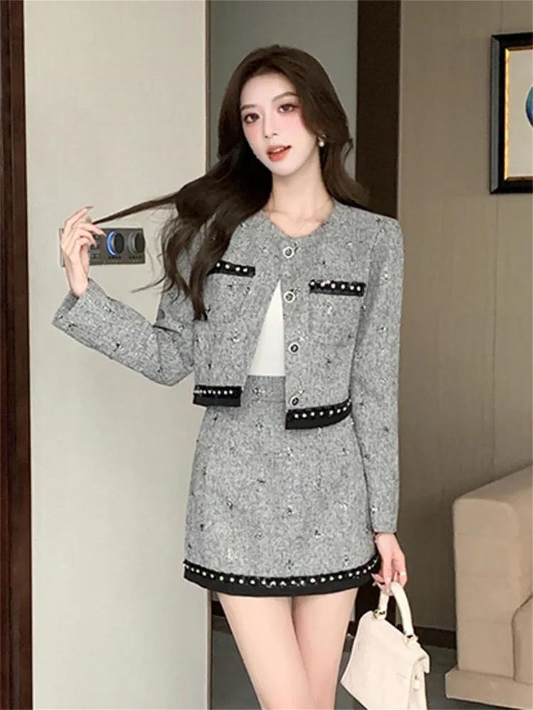 Women Tweed Two Piece Set Jacket Mini Skirt Casual Outfit