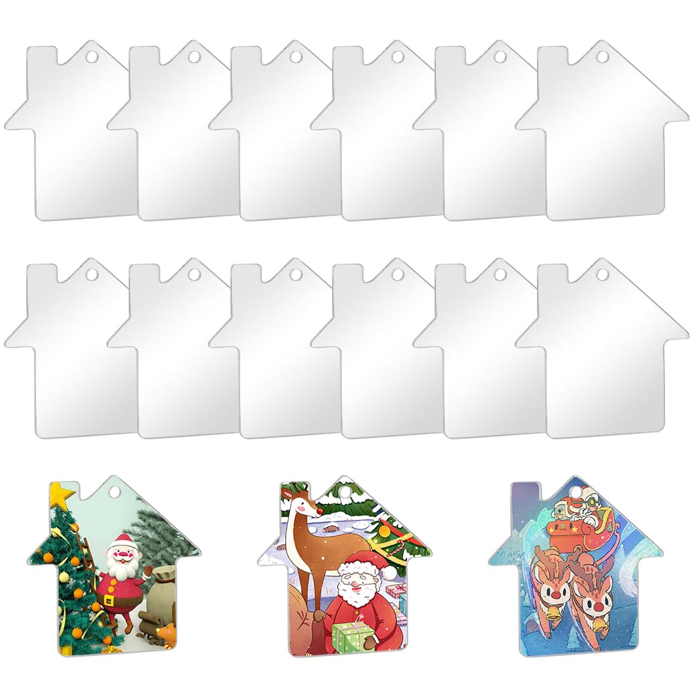 SUNNYCLUE 50Pcs Acrylic Ornament Blanks Acrylic Christmas Ornaments Acrylic Blank Gift Tags House Shape Clear Plastic Blanks Acrylic Christmas Blanks for Vinyl Party Decor Engraving Painting DIY Craft
