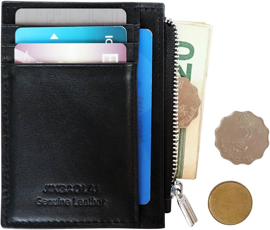 Slim Top Grain Genuine Mens Cowhide Leather Wallet, with 8 Card Slots and Mini Zipper Pocket, Campact Coin Purse also for Cash Organizer, and Carry Key Chain, Ring, Earbud by Zipper Pocket, Black