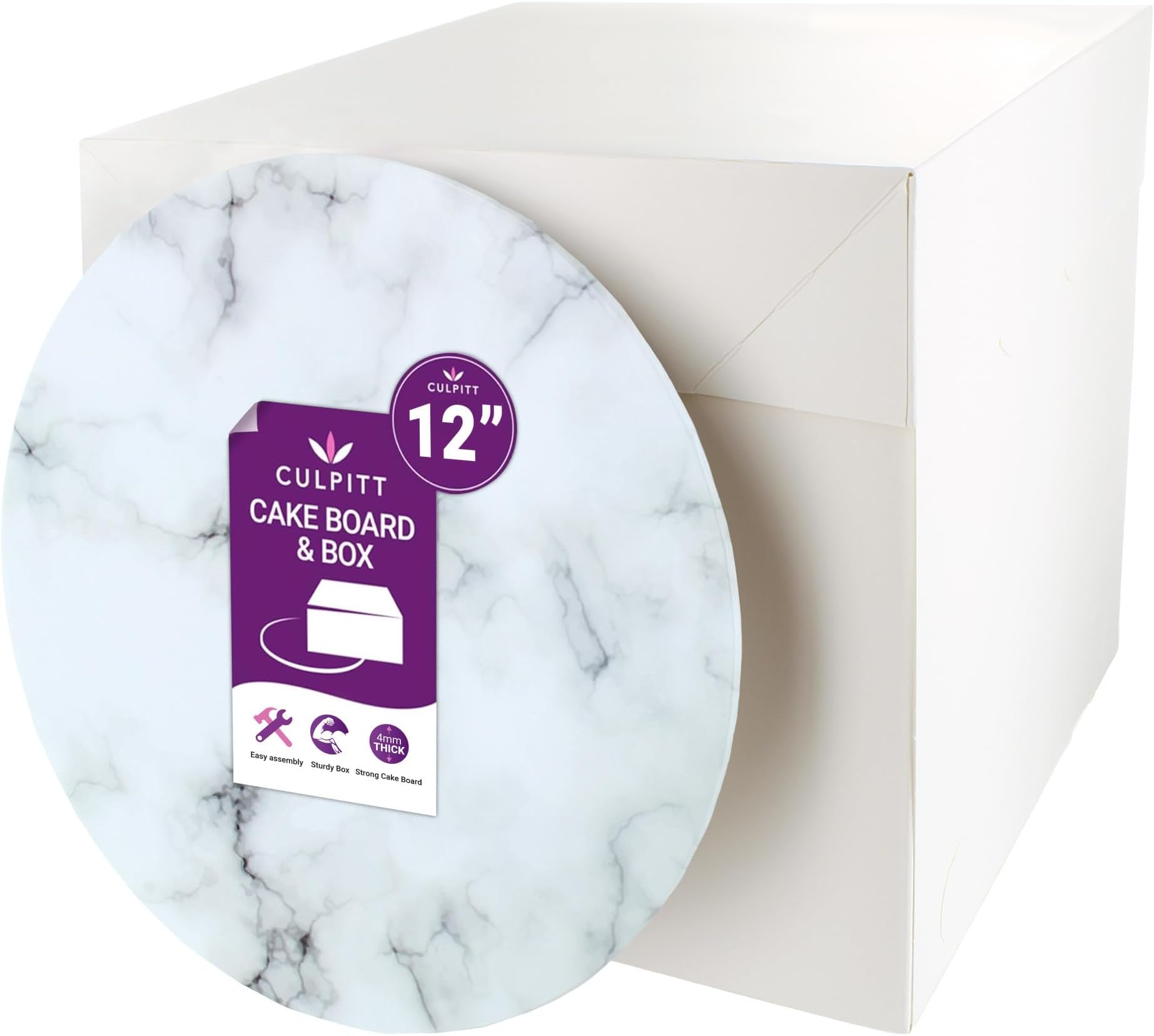 – Marble Print Cake Board & Tall Cake Box Set | 12" | 12 x 12 x 12 Inch Square Box and Matching Premium Masonite Cake Board, Extra Tall Box For Tiered or Decorated Cake Transport