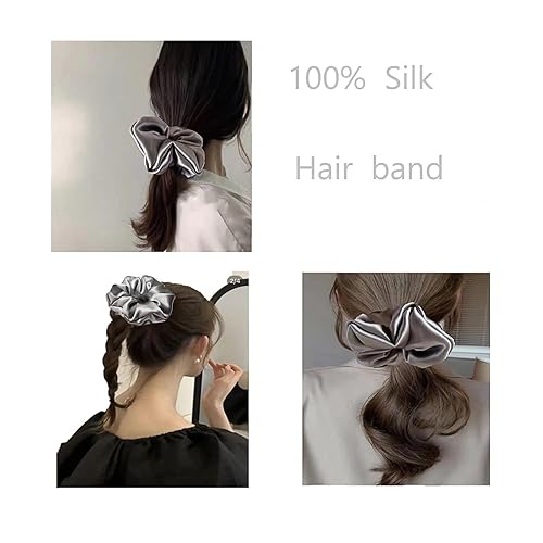 Miniatura 5 de Coleteros de seda de morera para cabello en gris plateado, grande, 100% pura seda de morera de 22 mommes, soporte para coleta de caballo - Coleteros