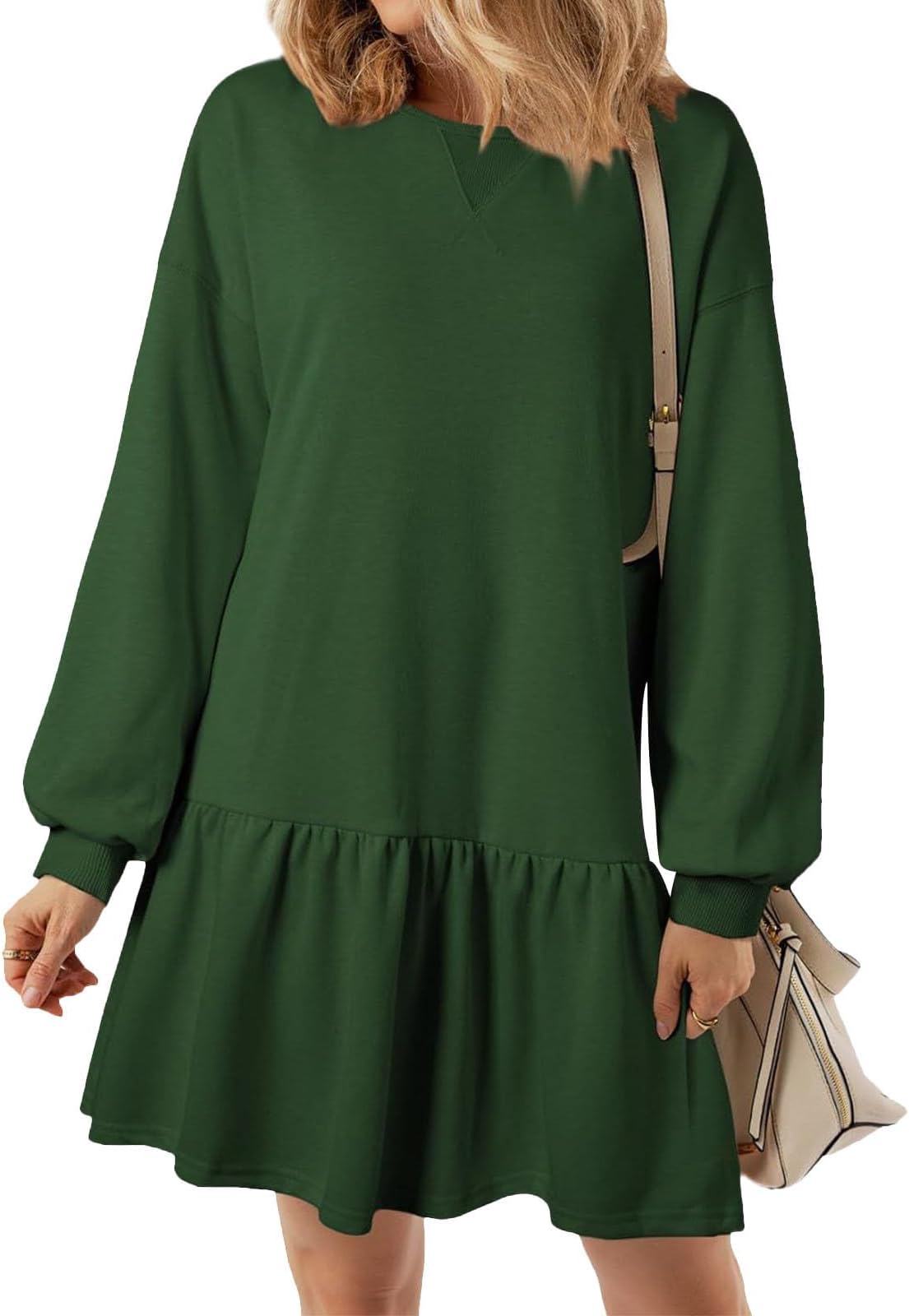 Women's Long Sleeve Oversized Sweatshirts Dress Loose Crewneck Tiered Smocked Ruffle Hem Lounge Mini Short Dresses