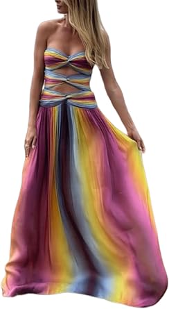 Women Tie Dye Tube Maxi Dress Strapless Twist Front Hollow Out Long Pleatde Dress Elegant Mesh Gradirnt Dresses