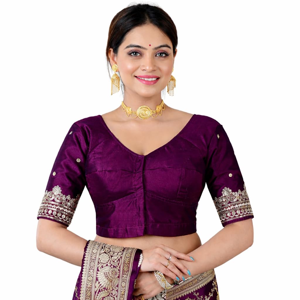Traditional Embroidered Saree Blouse, Silk with Gold Border Design, V-Neck Front and Tie-Back Style, Half Sleeve Crop Top for Women