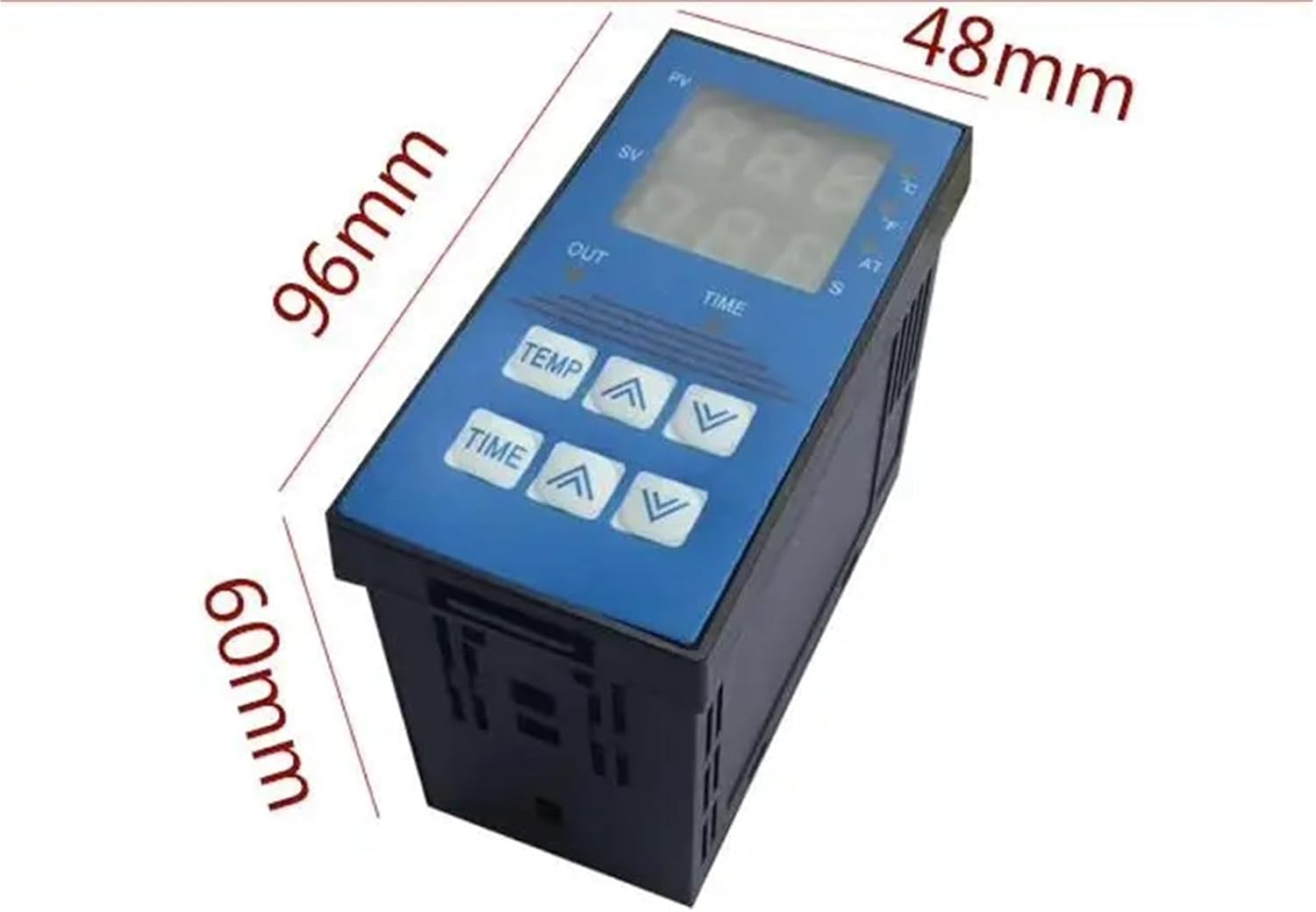 Angled view of the HZVEKCRI T4201-6A controller with dimensions labeled: 96mm height, 48mm width, and 60mm depth.