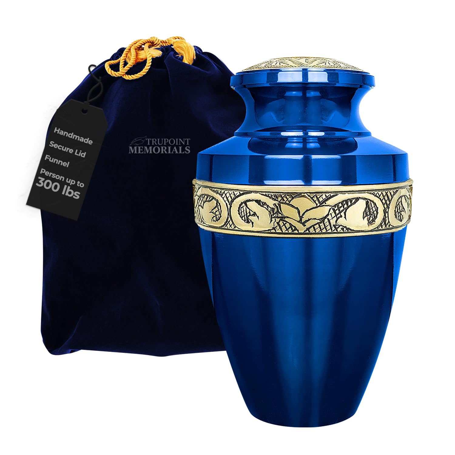 Trupoint Memorials Extra Large Urn for Ashes Adult Male or Female Up to 300 lbs – Cremation Urns for Human Ashes, Funeral Memorial Urns for Men & Women – Grecian Blue Gold