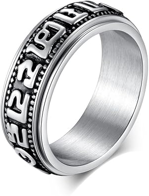 JAJAFOOK Stainless Tibetan Buddhist Six True Syllable Mantra Sanskrit Om Mani Padme Hum Spinner Ring