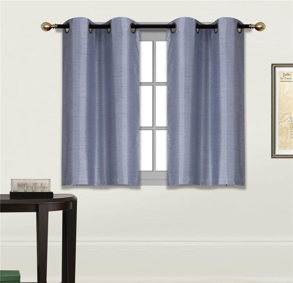 Elegant Home 2 Panels Tiers Grommets Small Window Treatment Curtain Faux Silk Semi Sheer Drape Short Panel 28" W X 36" L Each for Kitchen Bathroom or Any Small Window # N25 (Slate Blue)