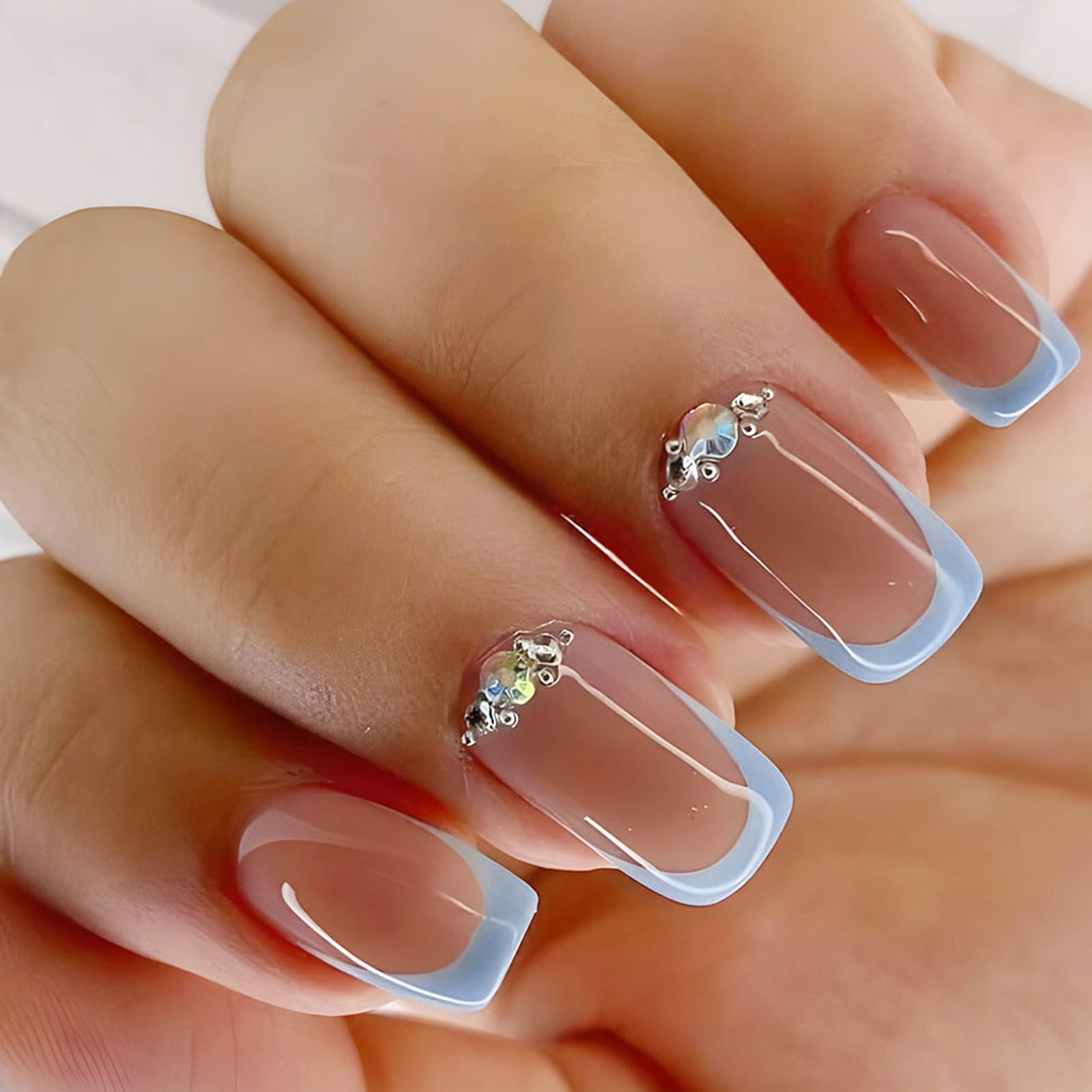 Ceboic 24Pcs Puntas de Uñas Postizas Cortas Cuadradas Uñas Postizas Francesas Borde Azul Press on Nails con Pegamento Gelatina Cubierta Completa Acrílico Uñas Falsas Artificiales para Mujeres y Niñas