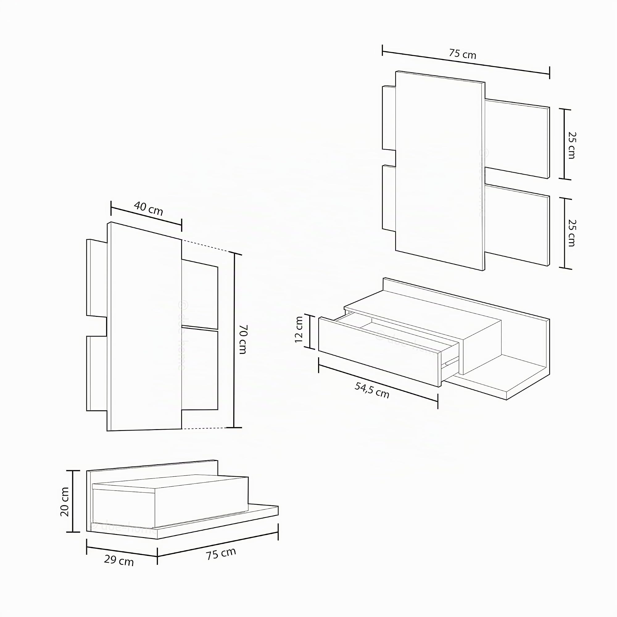 Habitdesign Flur mit Schublade und Spiegel, Eingangsschrank, Modell Tekkan, Ausführung in Artik Weiß und Zement, Maße: 75 cm (Breite) x 116 cm (Höhe) x 29 cm (Tiefe)