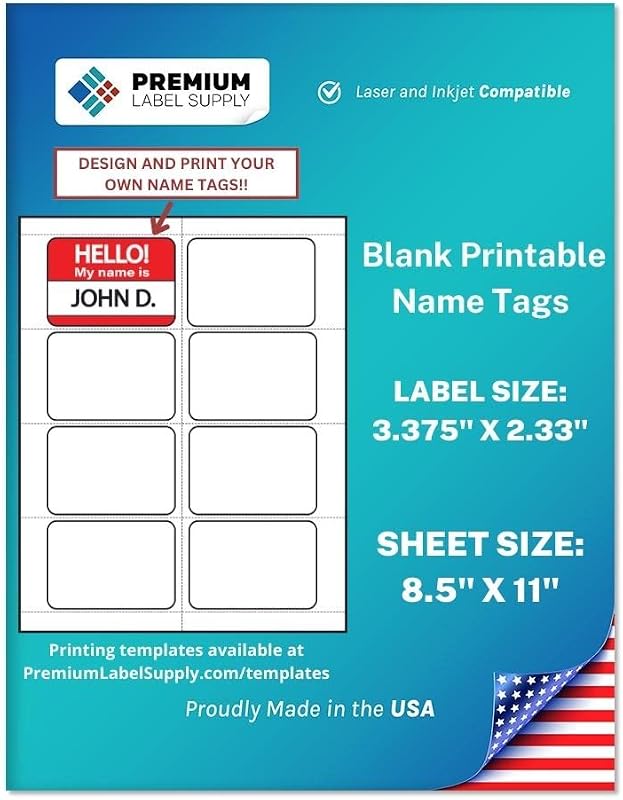 Premium Label Supply Blank Printable Name Tag Stickers - 2-1/3" x 3-3/8" - Laser/Inkjet Compatible – (8 per Sheet), 25 Sheets – 200 Total Adhesive Name Tags
