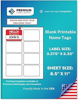 Premium Label Supply Blank Printable Name Tag Stickers - 2-1/3" x 3-3/8" - Laser/Inkjet Compatible – (8 per Sheet) 100 Sheets – 800 Total Adhesive Name Tags