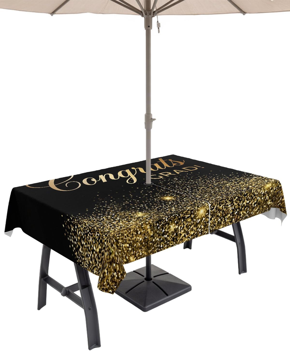 Outdoor Tablecloth with Umbrella Hole, Congrats Grad Spillproof Waterproof Outdoor Table Cover, Golden Black Sparkle Glitter Patio Tablecloths for Party Picnic Camping, Rectangle 60"x102"