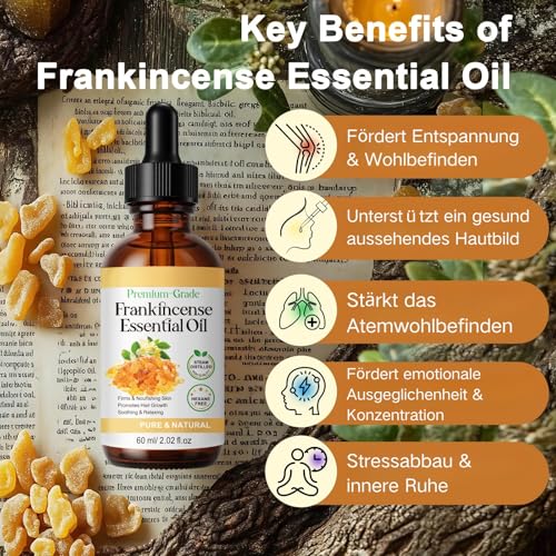 Weihrauchöl Bio für Haut - Frankincense Oil - Ätherische Öle Naturrein - Reines Weihrauch Öl - Frankincense Essential Oil Organic - Duftöl für Hautpflege, Aromatherapie, Haarpflege, Massage, Bad, 60ml