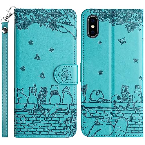 Cover per iPhone XS Max Custodia in PU Portafoglio Flip Chiusura Magnetica Antiurto Funzione Scomparti con Slot Schede per XS Max 6.5 pollici blu pelle