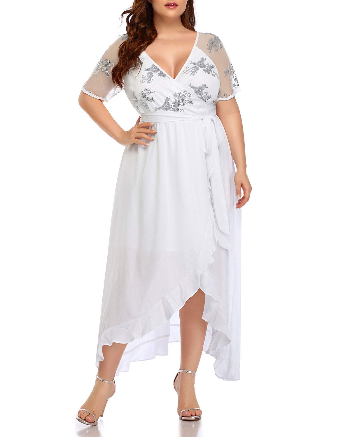 Women's Plus Size Wrap V Neck Maxi Dress Ruffle Split High Low Chiffon Cocktail Dresses