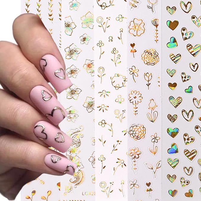 GZMAYUEN 6Pcs Laser Gold Nail Stickers & Decals, 3D Flowers Heart Self