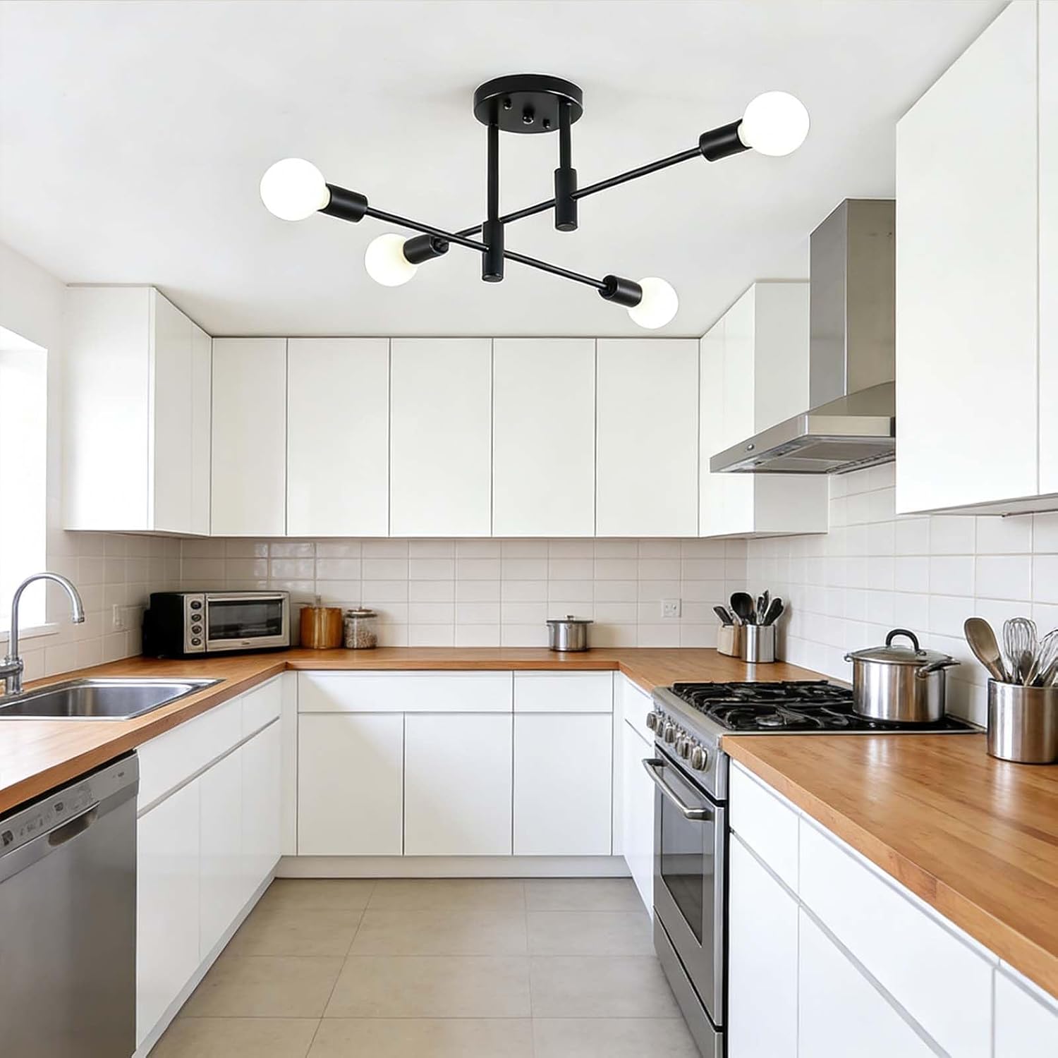 Modern Sputnik Chandelier 4-Light Adjustable Ceiling Light Fixture Black Semi Flush Mount Ceiling Lamp with E26 Base Industrial Ceiling Light for Dining Room Bedroom Foyer Hallway Living Room