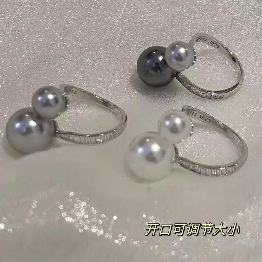 Two-Tone Pearl Open Ring for Women, Adjustable Sterling Silver Pearl & Cubic Zirconia Band, Elegant Stackable Statement Ring for Wedding, Engagement, Anniversary Valentine’s Day Gift（Grey）