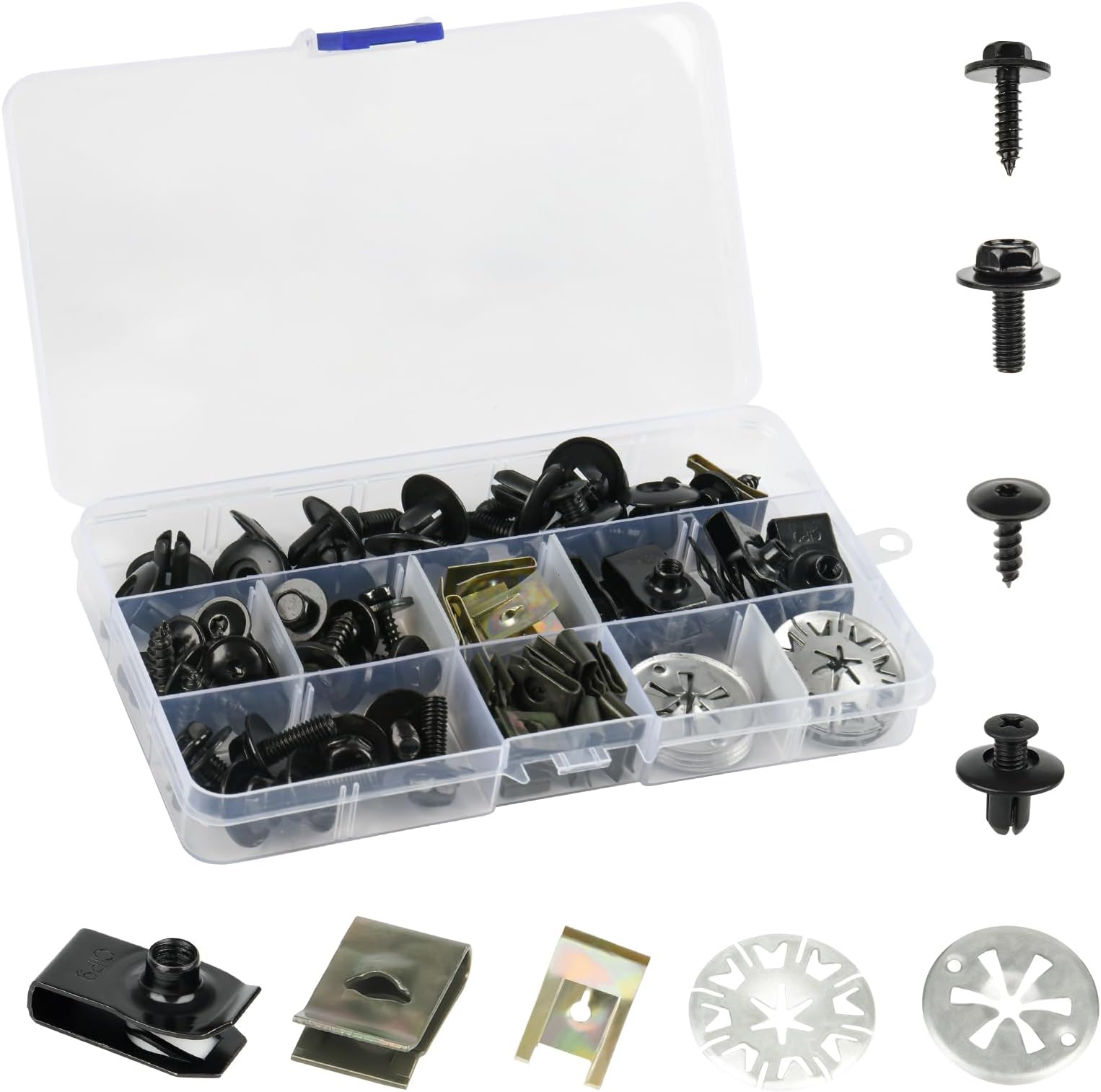 Realure 80 Pcs Car Panel Clips & Plastic Screws Kit, with Heat Shield & U Clips, Engine Undertray Screws, Car Fasteners Set