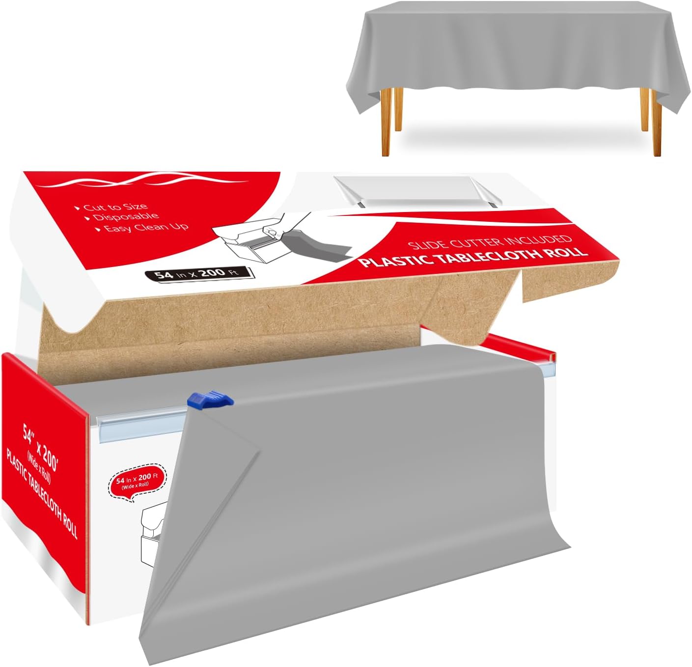 54 Inch x 200 Feet Silver Plastic Tablecloth Roll Cut to Size Disposable Table Cover with Cutter Box Plastic Table Cloth for Party, Wedding, Birthday