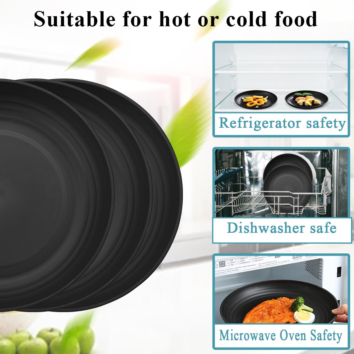 Berglander Nero piatti in plastica da 12 pezzi da 23cm da pranzo infrangibili riutilizzabili e robusti, piatti per insalate, ciotole per pasta, facile trasporto per picnic, campeggio, all'aperto