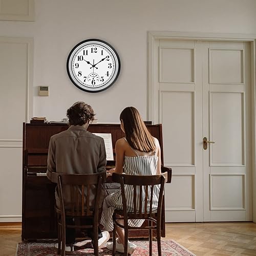 Miniatura 6 de JENLYSTIME Reloj de pared retro impermeable de 12 pulgadas para interiores y exteriores con termómetro, cuarzo redondo silencioso, funciona con