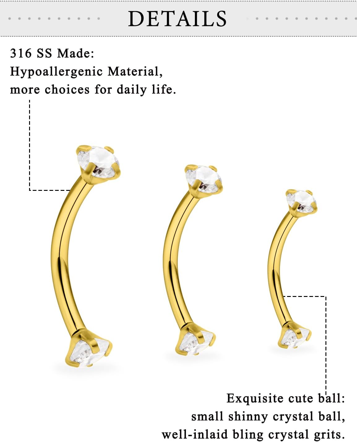 Eyebrow Piercing Jewelry Surgical Steel Rook Piercings Curved Barbell Tiny Eyebrow Ring Vertical Labret Lip Jewelry Ear Navel Small Belly Button Ring for Women Men 16g 6mm/8mm/10mm - Image 3